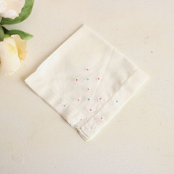 Vintage Handkerchief, White Linen with Pink and Blue Swiss Dots Embroidered - Picture 2 of 10